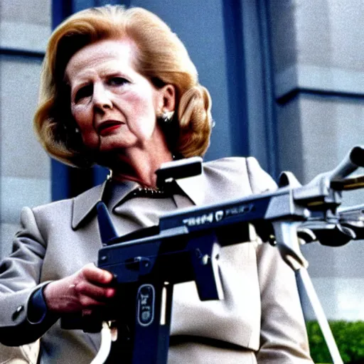 Prompt: A still of Margaret Thatcher as the Terminator in Terminator 2: Judgement Day (1991)