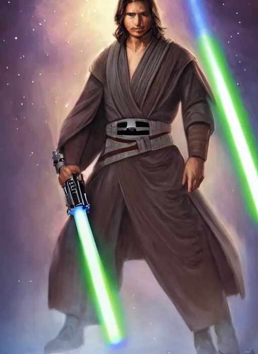 Image similar to exar kun, jedi from star wars legends books, star wars portrait detailed and realistic art, white masculine man with long dark hair attached in a ponytail, double blade blue lightsaber!!