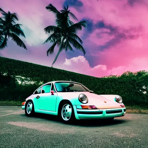 Prompt: porsche on the tropical island, professional photography, vaporwave