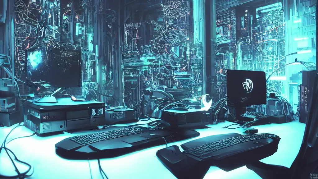 Prompt: a cyberpunk overpowered computer. Overclocking, watercooling, custom computer, cyber, mat black metal, alienware, futuristic design, desktop computer, nebula, galactic, space, minimalist desk, minimalist home office, whole room, minimalist, Beautiful dramatic dark moody tones and lighting, orange neon, Ultra realistic details, cinematic atmosphere, studio lighting, shadows, dark background, dimmed lights, industrial architecture, Octane render, realistic 3D, photorealistic rendering, 8K, 4K, Cyborg R.A.T 7, Republic of Gamer, computer setup, highly detailed