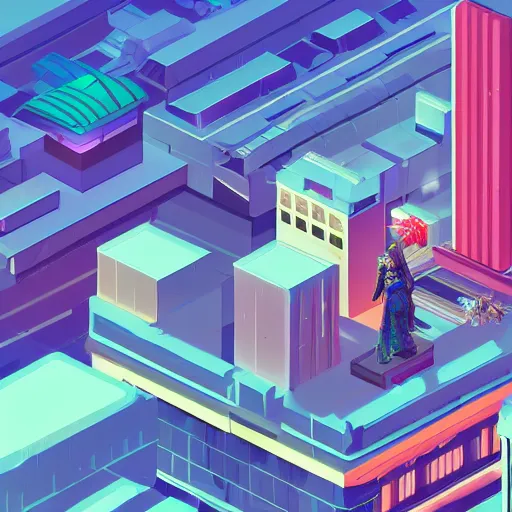 Prompt: isometric view of a cyberpunk city, samurai viewing the city from a rooftop, vaporwave skyline