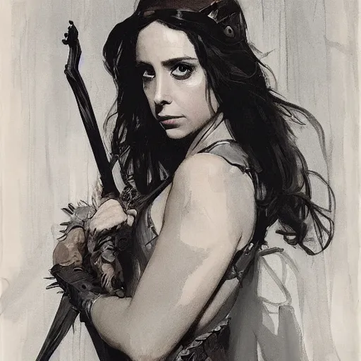 Prompt: alison brie as robin hood, intricate, elegant, highly detailed, greg manchess, mucha, liepke, ruan jia, jeffrey catherine jones, ridley scott