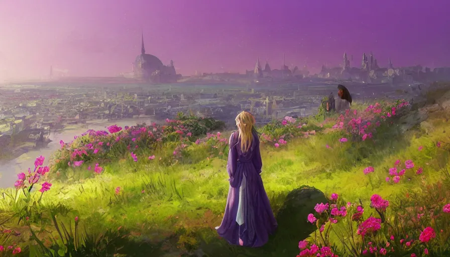 Image similar to over the shoulder landscape painting of violet evergarden standing on a distant colorful flower hill, behind it a distant old european city leiden from violet evergarden next to the reflecting ocean, ocean, sunshine, fantasy, intricate, elegant, highly detailed, digital painting, artstation, smooth, sharp focus, illustration, by Anton Fadeev and Philipp A. Urlich and greg rutkowski