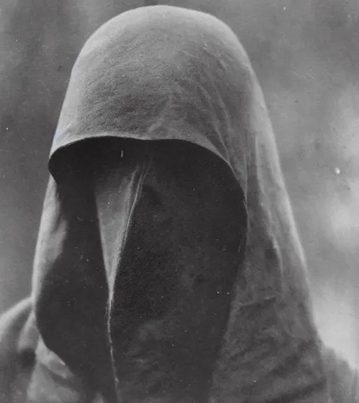 Image similar to a man at distance wearing hooded mask covering his entire face, ww1 film photo, grainy, high detail, high resolution