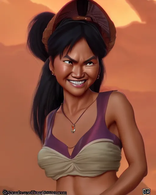 Prompt: giggling heavy - set filipina woman character portrait, by don bluth, sci - fi environment, highly detailed, dynamic shadows, 4 k, wallpaper - 1 0 2 4