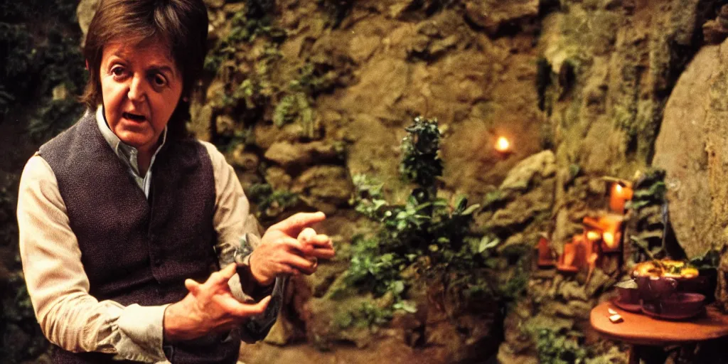 Prompt: A full color still of Paul McCartney looking at his palm, dressed as a hobbit inside his house at night with firelight, directed by Stanley Kubrick, 35mm, 1970