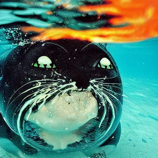 Prompt: fat cat head underwater like in jaws poster,