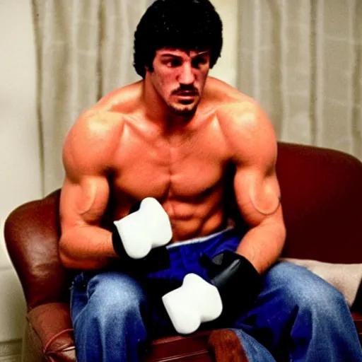 Prompt: rocky balboa holding a playstation!! controller!! video game console sitting in a chair