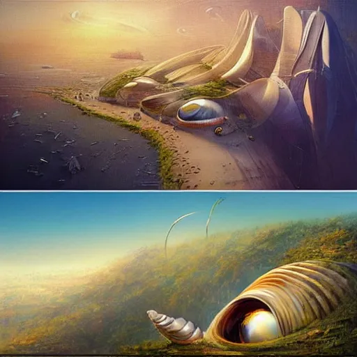 Image similar to beautiful portrait of bamboo living pods shaped like a sea shell embedded on the side of a cliff, windows, the time machine, spaceship by john berkey, panoramic view, ssci - fi, futuristic city, art by artgerm, artwork by peter gric and brian froud and esao andrews