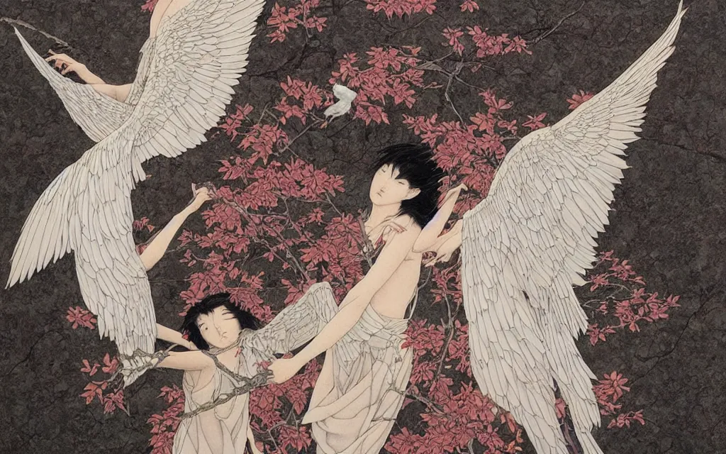 Image similar to vision of angels with a broken wing, trying to fly by andre leblanc and takato yamamoto, smokey