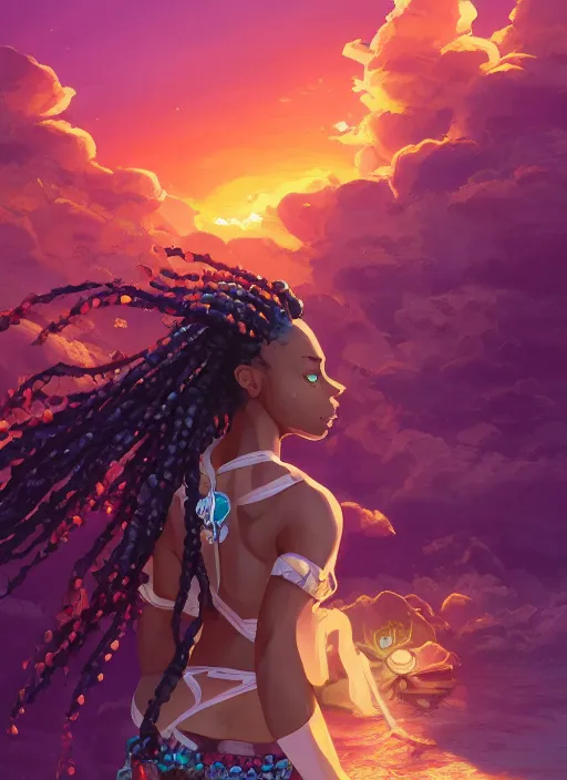 Prompt: beautiful black woman casting magical spells with powerful crystals, beaded dreadlocks and kemetic imagery, 2 d game fanart behance hd by jesper ejsing, by rhads, makoto shinkai and lois van baarle, ilya kuvshinov, rossdraws, dramatic sunset, global illumination, radiant light, detailed and intricate environment