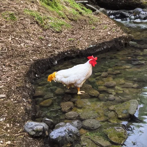 Prompt: a chicken next to a stream