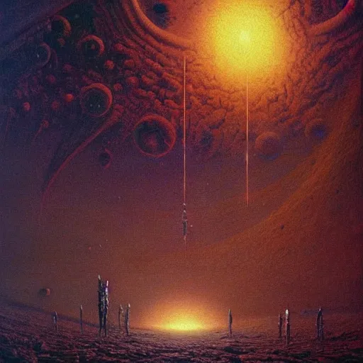 Image similar to outer space with eldritch terror in the middle of composition, cosmic horror, ultra realistic, highly detailed, HD, sharp focus, cinematic lighting, realistic, vivid colors, oil painting, art by Zdzislaw Beksinski