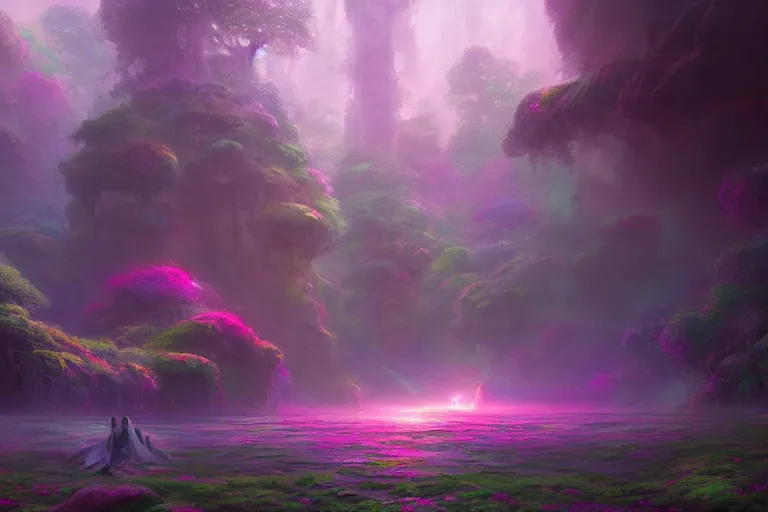 Prompt: a psychedelic realm hidden away in a pocket of ethereal understanding | astral beings sharing love | in the style of greg rutkowski | and wlop | and lisa frank | and bob ross | and ruan jia | illustration | epic | fantasy | hyper detailed | smooth | unreal engine | sharp focus | ray tracing