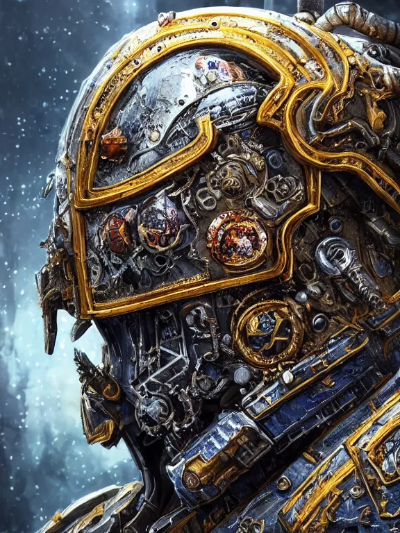 Prompt: portrait art of 8k ultra realistic undead space marine king , ornate intricate smashed galaxy helmet , detailed intricate ornate armour,blade runner, cybernetic, full of colour, cinematic lighting, battered, trending on artstation, 4k, hyperrealistic, focused, extreme details,unreal engine 5, cinematic, masterpiece, art by ayami kojima, giger