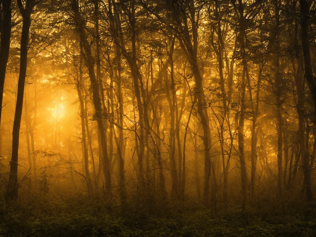 Prompt: landscape photography of foggy morning at the edge of the forest, golden hour, hyper realistic,