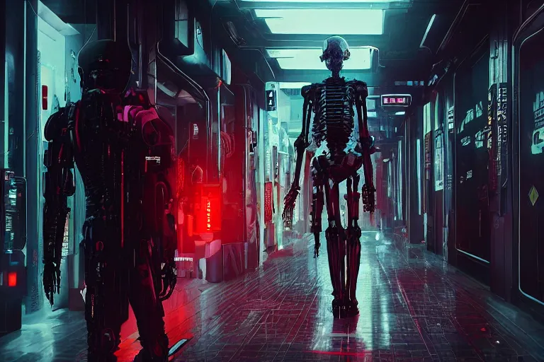 Image similar to cyberpunk skeletal black mecha android walking down hallway, Skeletal face single eye. long limbs black shiny. glowing_red_eye RTX UE5 Artstation Bladerunner_2049_scene!!!!!! Cyberpunk 2077 bladerunner2049!!! bladerunner!!! Dark figure walking down white hallway slightly offset fancy hallway. reflective floor!!!!! Tom Bagshaw and Greg Rutkowski and Alphonse Mucha