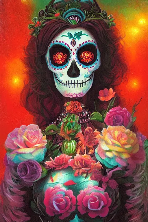 Image similar to Illustration of a sugar skull day of the dead girl, art by Paul Lehr