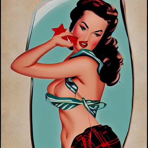 Image similar to a pinup illustration of megan fox in the style of gil elvgren and in the style of alberto vargas.