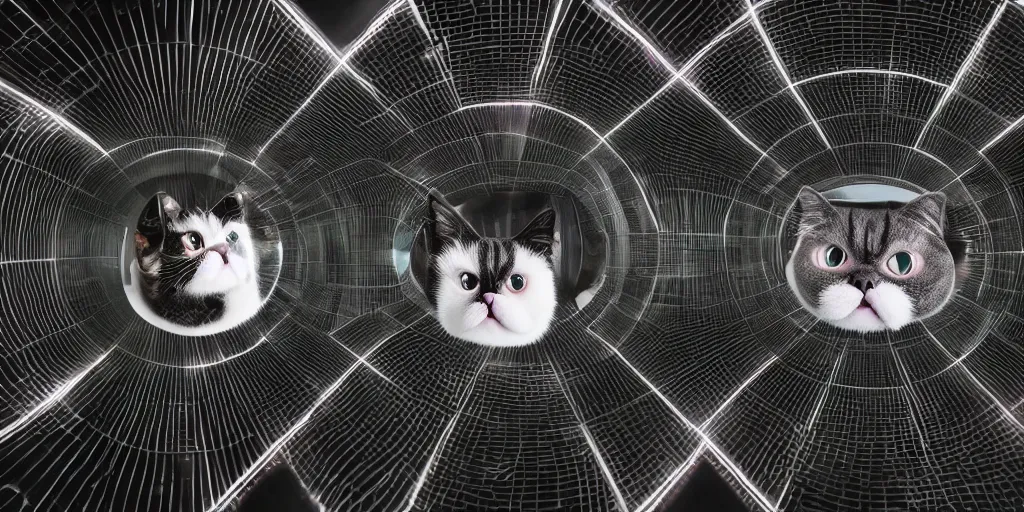 Prompt: the reflection of an exotic shorthair cat in an infinity mirror, large room, in the style of David Lynch, 8k, photorealistic, high detail