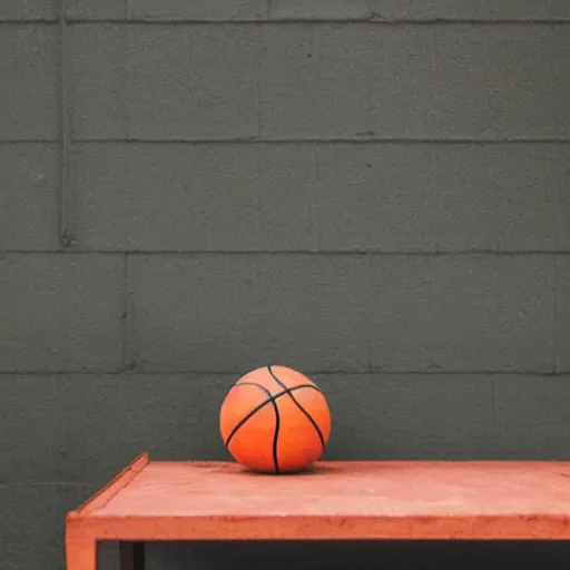 Prompt: a basketball made out of colorful glazed terracotta on a wooden table