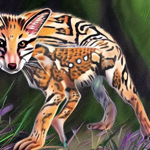 Image similar to a digital painting of an ocelot and fox hybrid