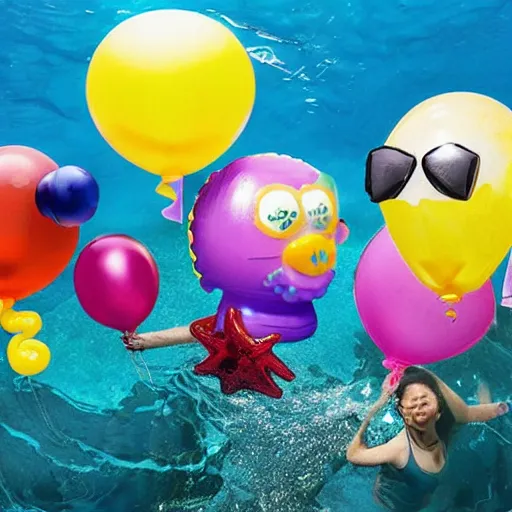 Prompt: balloon animals under the sea in the style of banksy