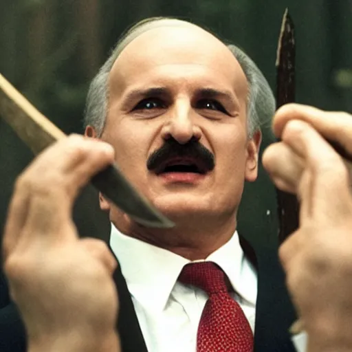 Image similar to Alexander Lukashenko as the American Psycho, staring psychopathically, sweating hard, holding an axe, covered in blood, cinematic still