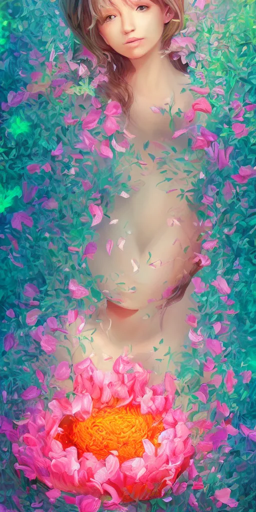 Prompt: girl's body inside giant flower, trending on Gsociety, trending on ArtstationHQ, ultra detailed painting at 16K resolution and epic visuals