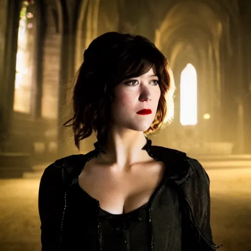 Image similar to mary elizabeth winstead as a vampire showing her fangs in a gloomy gothic cathedral at night