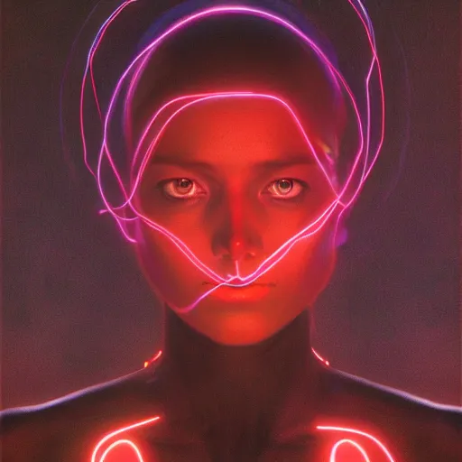 Prompt: Portrait Masterpiece, Wanda Maximoff, neon, red, glowing, wires everywhere, by Edgar Maxence and Ross Tran, Zdzisław Beksiński, and Michael Whelan, distant, gustav dore, H.R. Giger, 8k, octane render