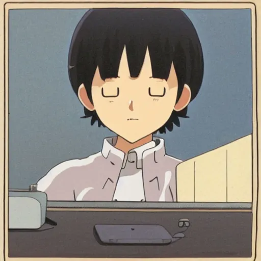 Prompt: tan-skinned guy with shoulder length black hair and long sleeves using a laptop, looking down, art by hayao miyazaki, studio ghibli film, twitter pfp