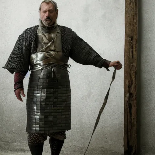 Prompt: A film still of a man wearing a dark grey quilted medieval gambeson with small metal plates woven in with tattered string and cable, also wearing a torn, worn scary made of many colors of layered linen. Full body Wide shot