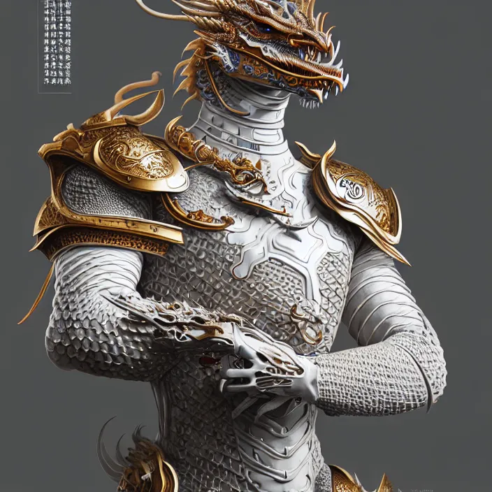 Prompt: man wearing porcelain cyborg armor, Chinese Kangxi dragon pattern porcelain, diffuse lighting, fantasy, intricate, elegant, highly detailed, lifelike, photorealistic, digital painting, artstation, illustration, concept art, smooth, sharp focus, art by John Collier and Albert Aublet and Krenz Cushart and Artem Demura and Alphonse Mucha