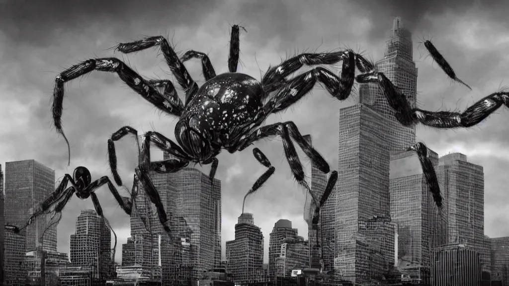 Image similar to giant arachnids attacking the city, photography, realistic, arachnophobia