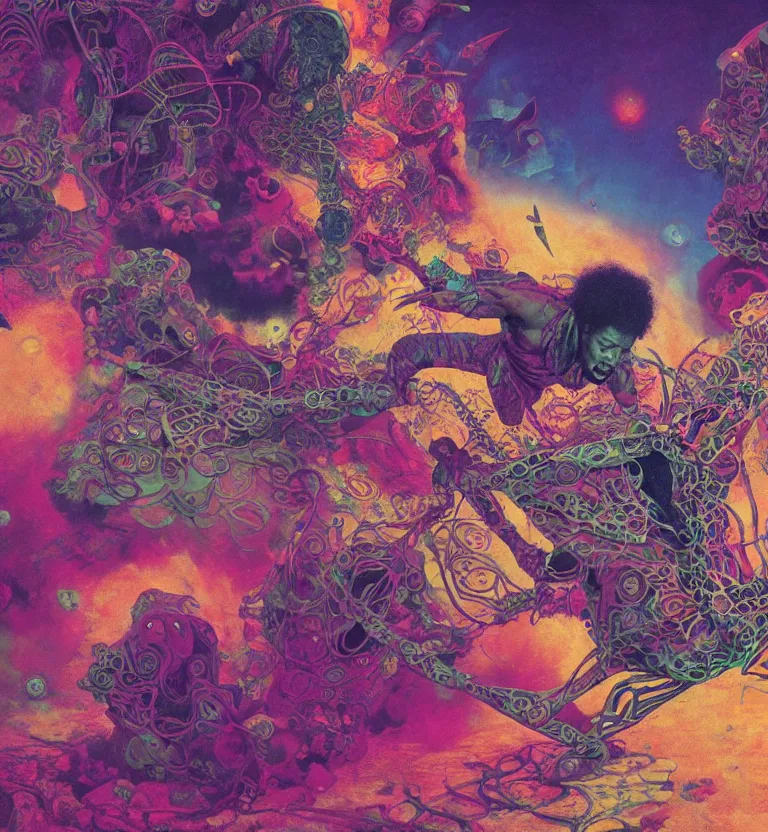 Prompt: jimi hendrix playing, colourful afrofuturist biomorphic opart scifi in background, octane render 8 k, pascal blanche, josh kirby, roger dean, james jean, giger, arthur rackham, moebius, syd mead, killian eng beksinski, greg hildebrandt, scifi, 8 k