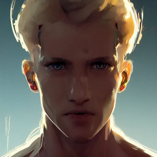 Prompt: portrait of a young, blond boy with cybernetic implants on his face, dramatic lighting, illustration by greg rutkowski, yoji shinkawa, 4 k, digital art, concept art, trending on artstation