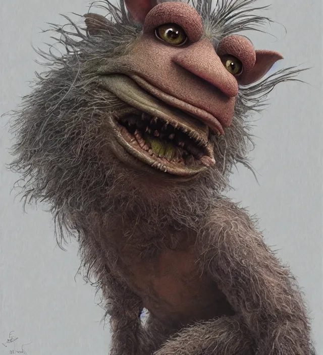 Prompt: hyper realistic portrait of muppet monster goblin, cinematic, symmetric face, dark crystal, artstation, cgsociety, alan lee, jean baptiste monge, scott radke