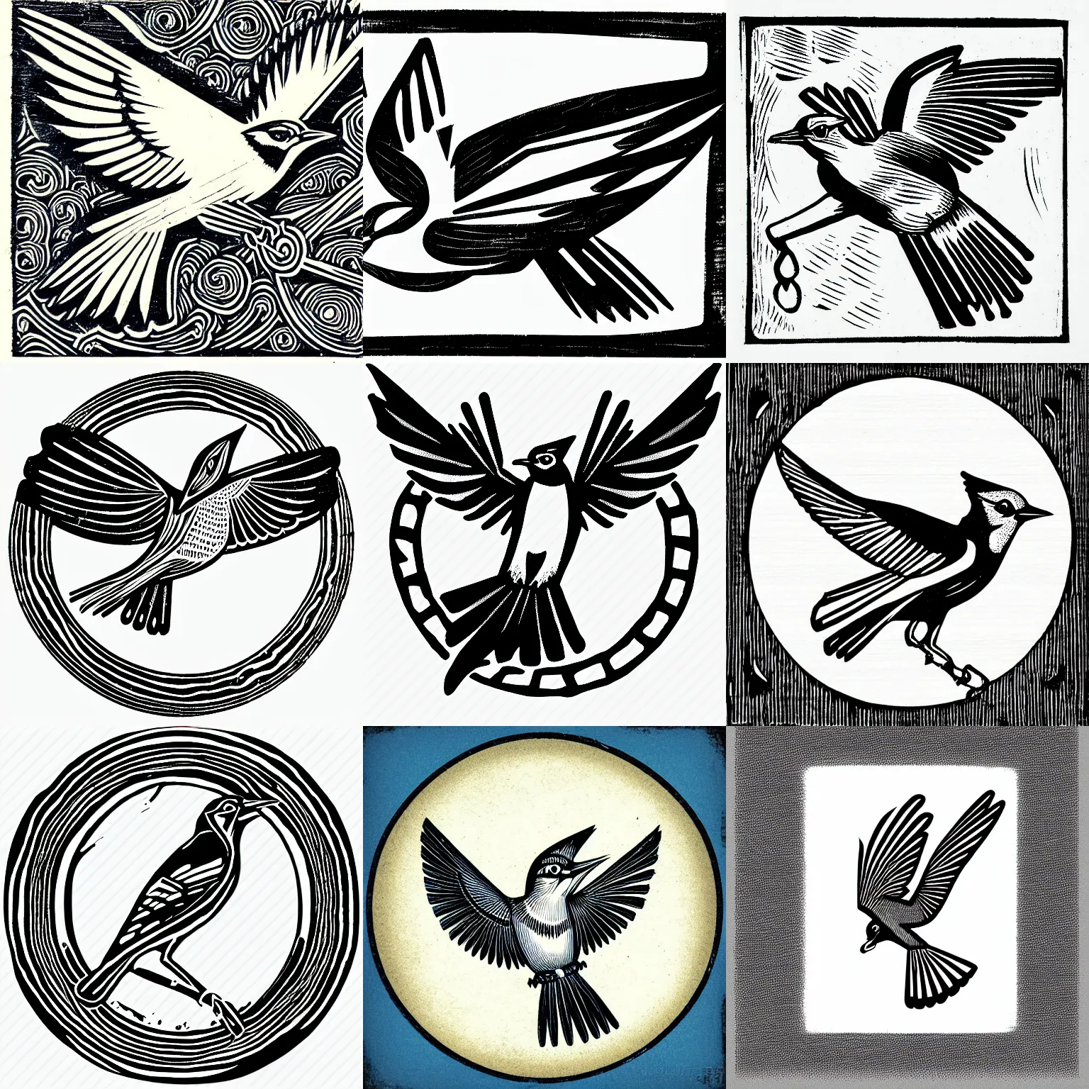 Prompt: peruvian woodcut of flying bluejay, corporate logo, icon, rondel, monochromatic