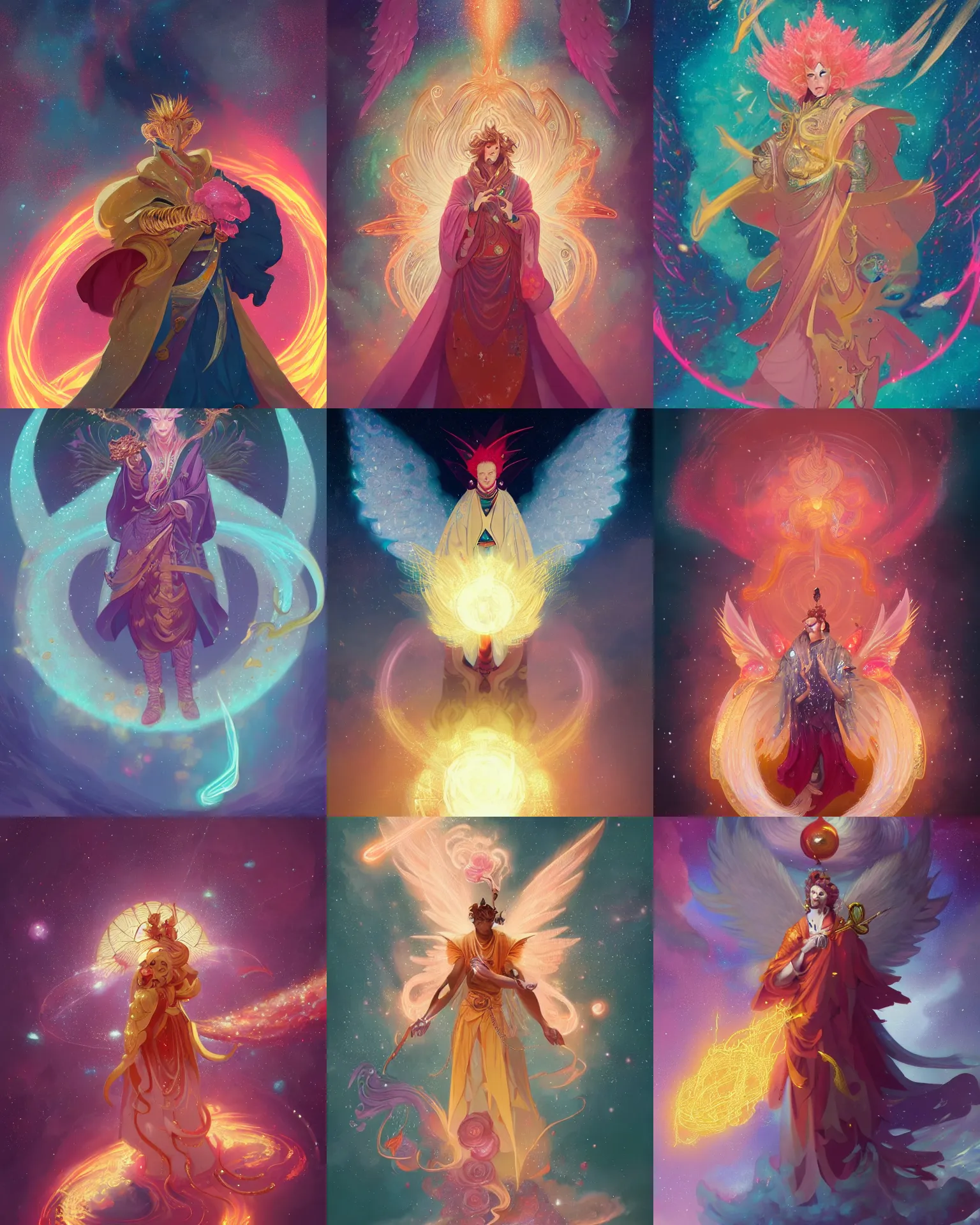 Image similar to a character portrait of only one male angel with golden fiery wings, surrounded with spiriling sparkling rose crystals and galaxies, by peter mohrbacher, hyper light drifter, ukiyo - e trending on artstation