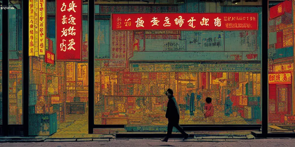 Image similar to a shop window in hong kong, by dan mumford and peter doig and edward hopper, minimal, black in, thick lines highly detailed, muted colours, overlaid with chinese adverts, 8 k