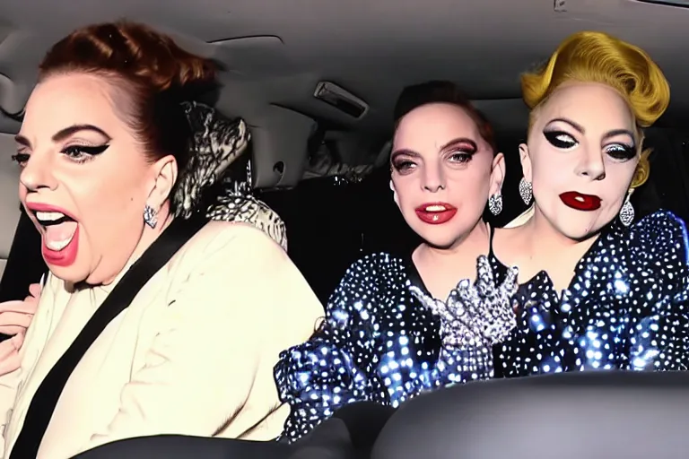 Image similar to lady gaga and judy garland doing carpool karaoke, lady gaga and judy garland, carpool karaoke, lady gaga, judy garland, carpool karaoke, youtube video screenshot, the late late show with james corden