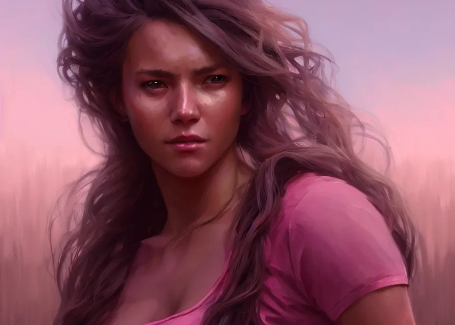 Image similar to an portrait of a beautiful female survivor in a pink t shirt, apocalyptic city backround, shiny skin, flowing tied hair, fine details. night setting. realistic shaded lighting poster by craig mullism, artgerm, jeremy lipkin and michael garmash, unreal engine, radiant light, detailed and intricate environment, digital art, trending on art station,