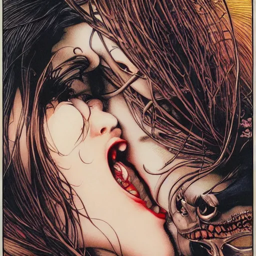 Image similar to closeup of vampire kiss, by yoichi hatakenaka, masamune shirow, josan gonzales and dan mumford, ayami kojima, takato yamamoto, karol bak