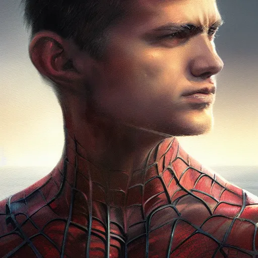 Image similar to spiderman closeup portrait, dramatic light, lake background, 2 0 0 mm focal length, painted by stanley lau, painted by greg rutkowski, painted by stanley artgerm, digital art, trending on artstation