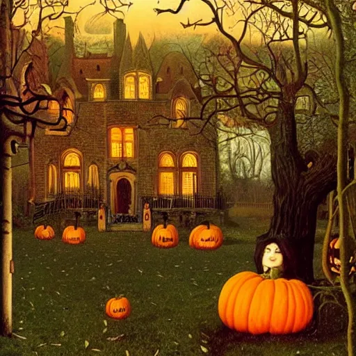 Image similar to vintage autumn halloween fantasy art by paul delvaux, james christensen, rob gonsalves and tim white