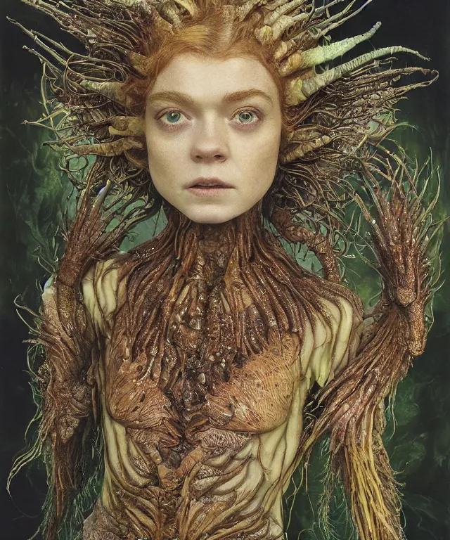 Prompt: a portrait photograph of a fierce sadie sink as an alien harpy queen with slimy amphibian skin. she is trying on evil bulbous slimy organic membrane parasitic fetish fashion and transforming into an werewolf insectoid amphibian. by donato giancola, walton ford, ernst haeckel, brian froud, hr giger. 8 k, cgsociety