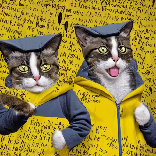 Image similar to cat wizards dressed in yellow raincoats. A banner that reads 'Wiz Biz only, Fools' adorns the back wall. Hypermaximalistic, hyper detailed 4k resolution