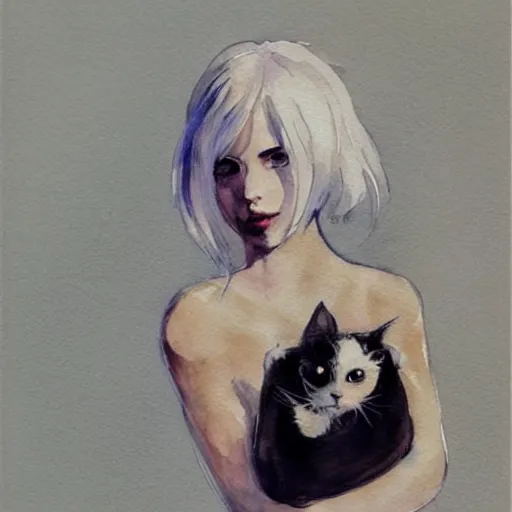 Prompt: Ciri holding a cat, art, minimalistic painting, watercolor on paper, high quality, by Berthe Morisot, by Conrad Roset, trending on artstation