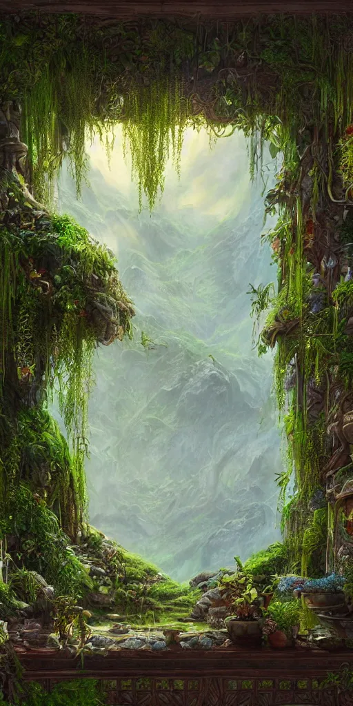 Image similar to lush fantasy Elvish windowsill with lush plants on it, interior of room, looking out toward a Rivendell cityscape and mountains, vignette of windowsill, detailed digital concept art by John Howe, trending on artstation